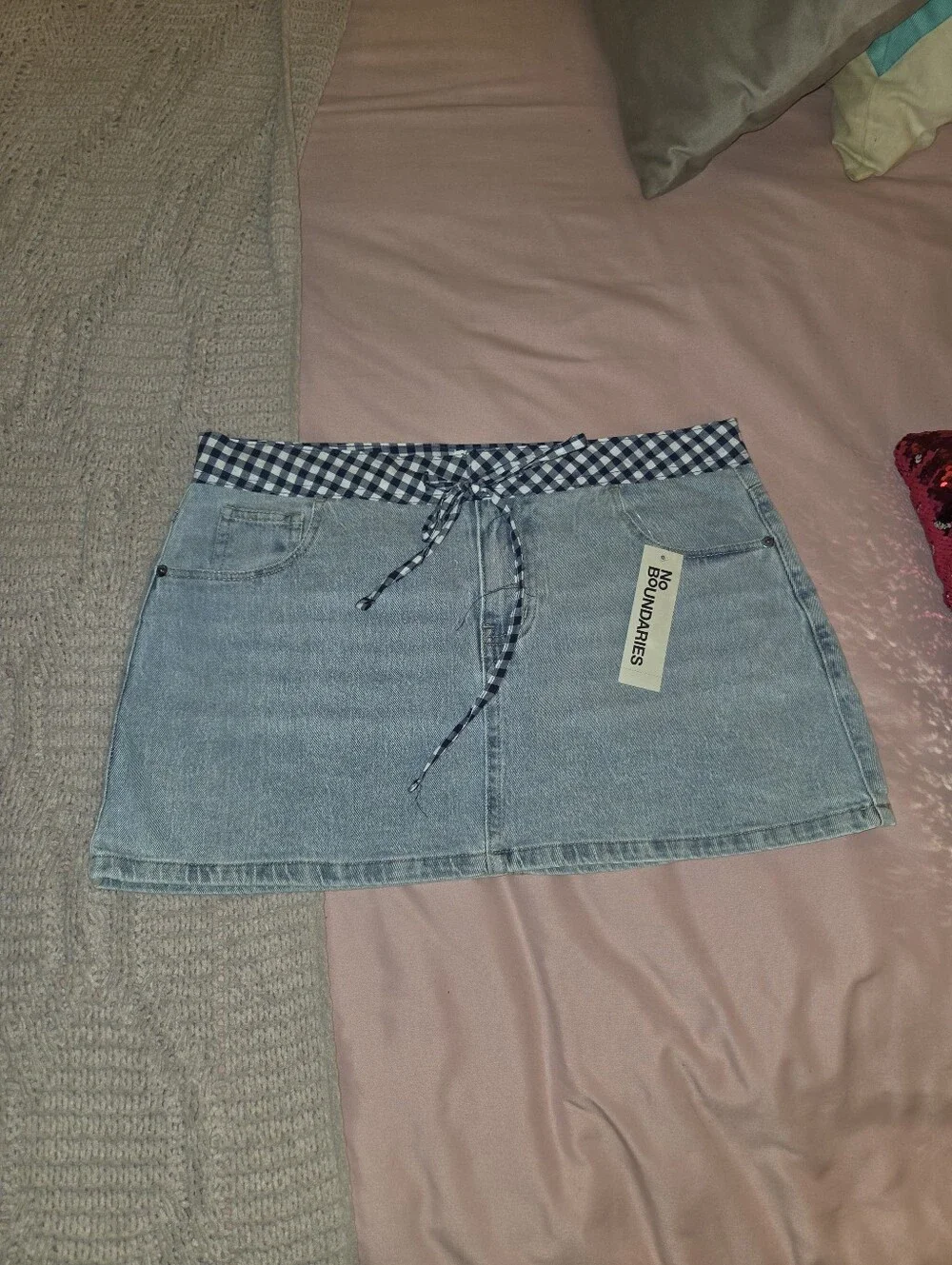 Light Blue Denim Mini Skirt with Gingham Waist Tie